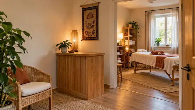 Välkomnande entré med korgstol och lampa, och ett behandlingsrum med massagebänk innanför